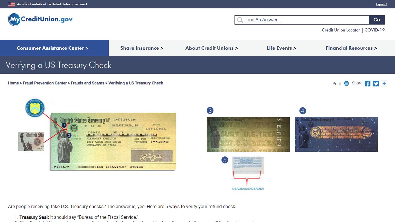Verifying a US Treasury Check | MyCreditUnion.gov