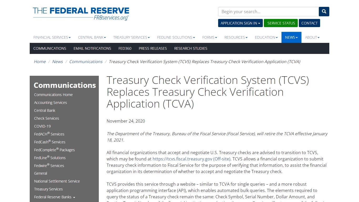Treasury Check Verification System (TCVS) Replaces Treasury Check ...